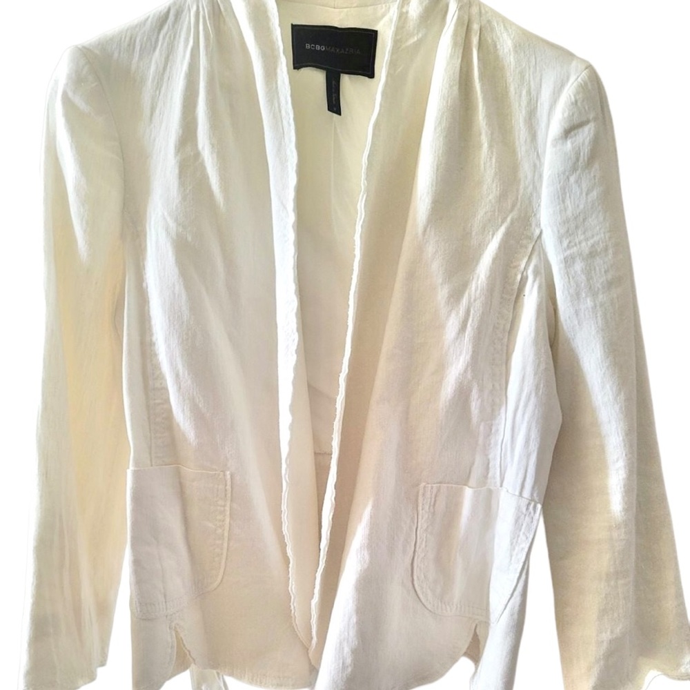 bcbg max azria white linen v neck crossover waist tie jacket blazer - Picture 2 of 4